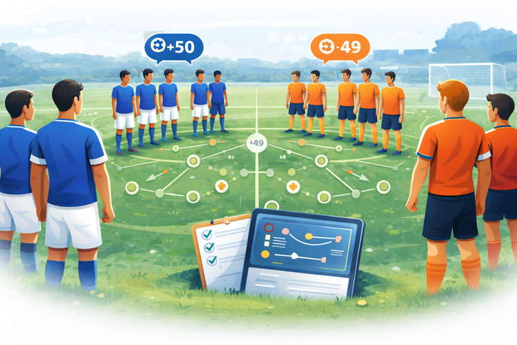 Players divided into balanced teams on a soccer field during practice, illustrating fair grouping and equal participation.