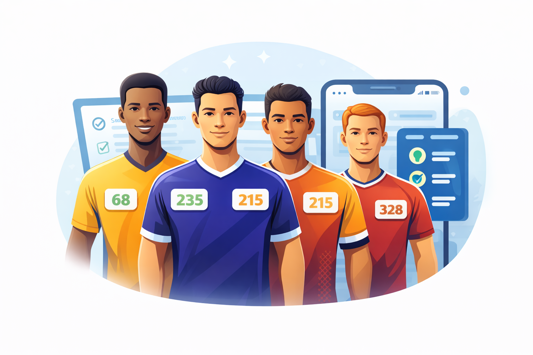 Illustration of player profiles and a team roster, showing athletes with ratings and profile cards in the QuickSquad app.