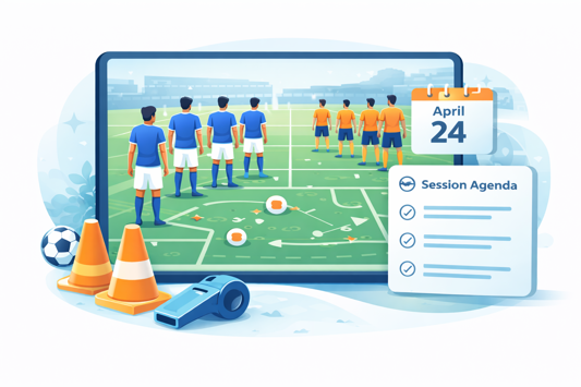 Training session planning illustration with cones, whistle and a session agenda card next to a tactical field view.