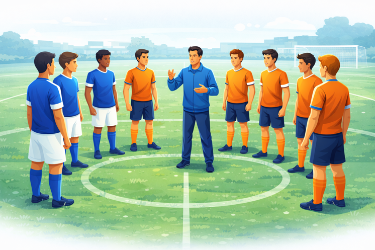 Soccer players standing in a circle on the field, listening attentively as the coach explains the next drill during practice.