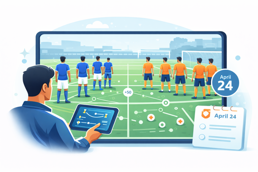 Coach creating balanced squads on a soccer field using a tablet with team formation and player grouping.